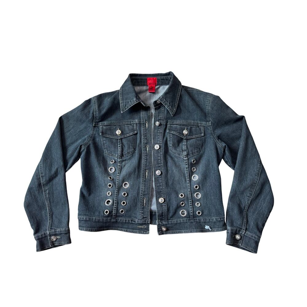 V Cristina Women's Dark Wash Stretch Denim Jacket Medium M Y2K Rocker Chic